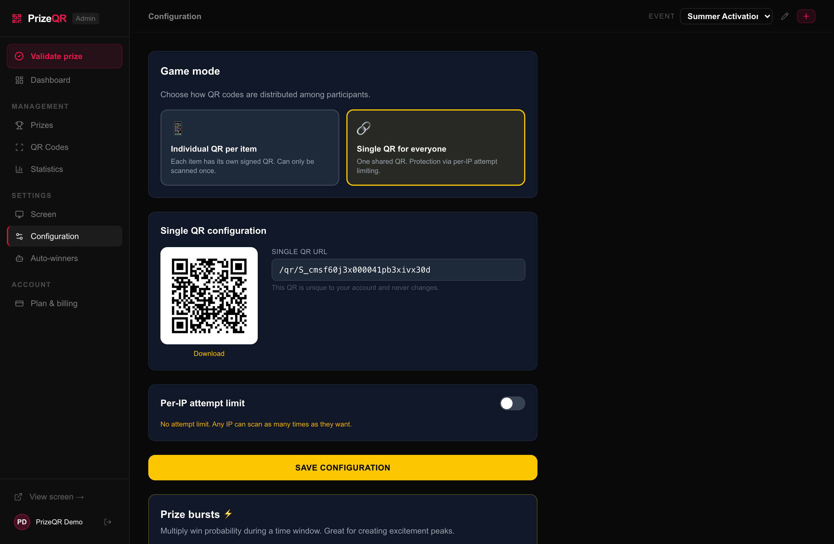 Configuration panel: “Single QR for everyone” selected, the downloadable QR and the per-IP attempt limit.