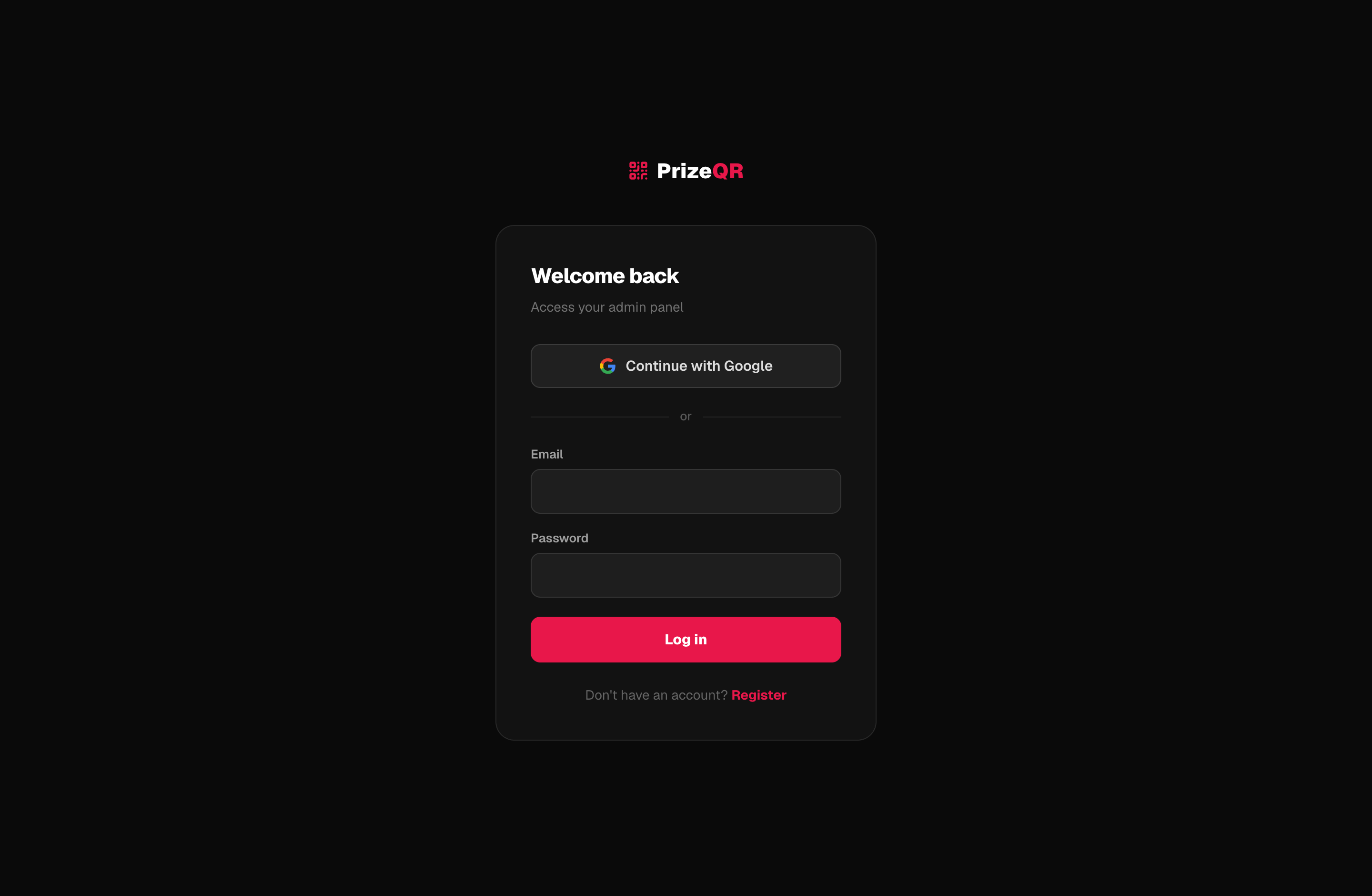 The login screen at prizeqr.com.