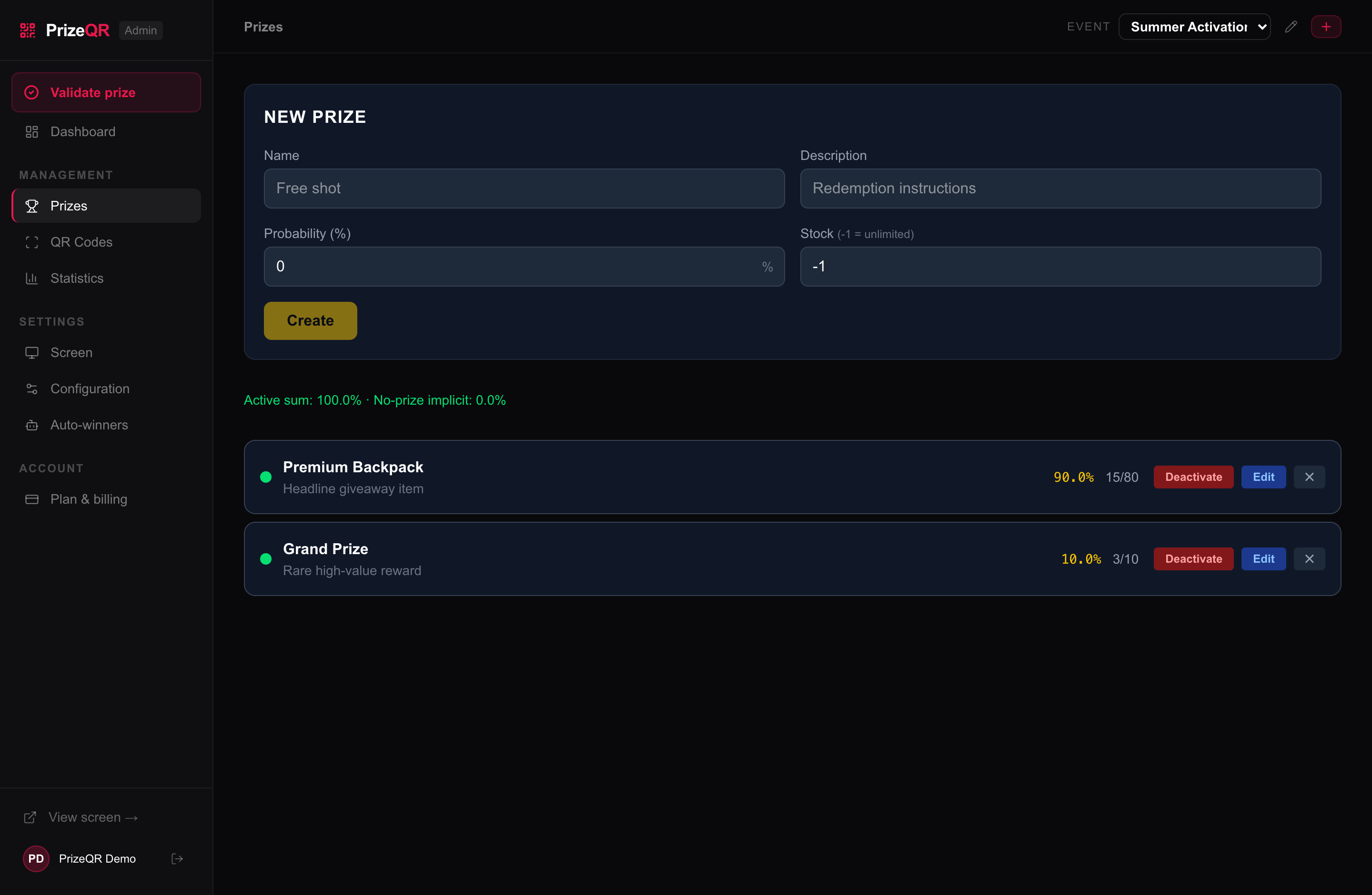 The Prizes panel: the new-prize form on top, and each prize showing a live delivered / total counter (e.g. 12 / 80).