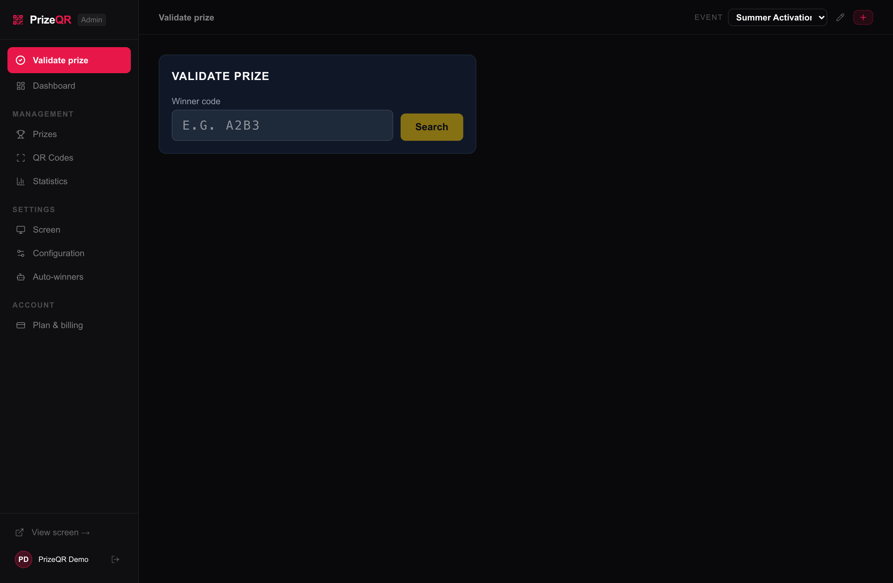 Validate prize: search by the winner code and mark it as collected.