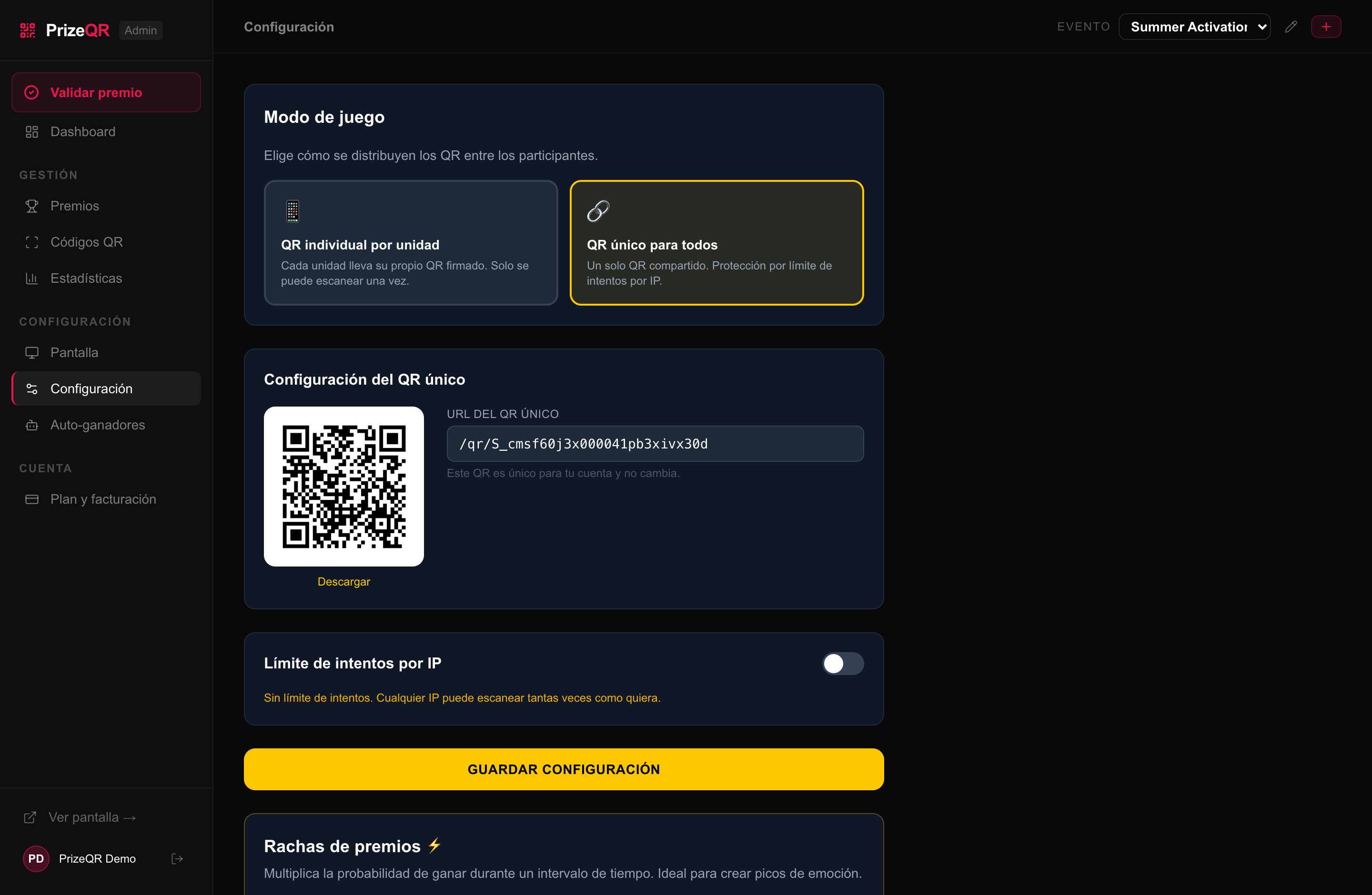 Panel de Configuración: «QR único para todos» seleccionado, el QR descargable y el límite de intentos por IP.