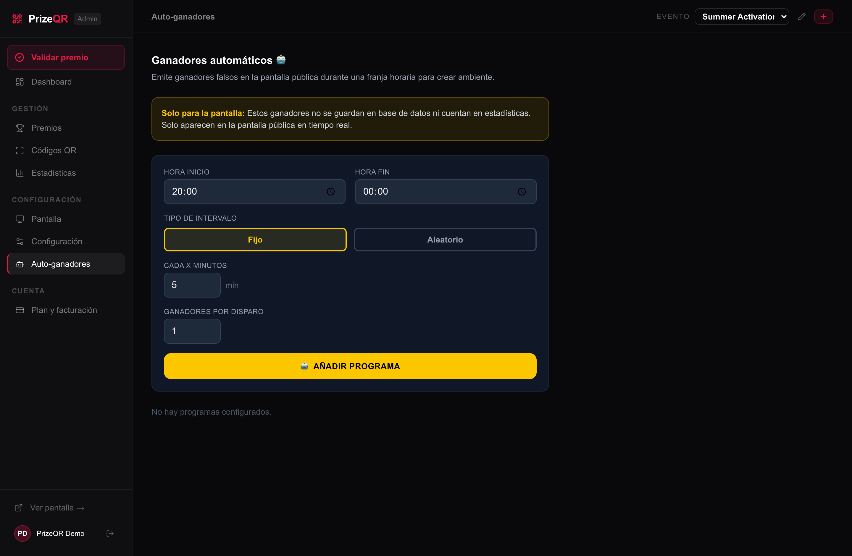 Auto-ganadores: define franjas horarias, intervalo fijo o aleatorio y cuántos ganadores por disparo.