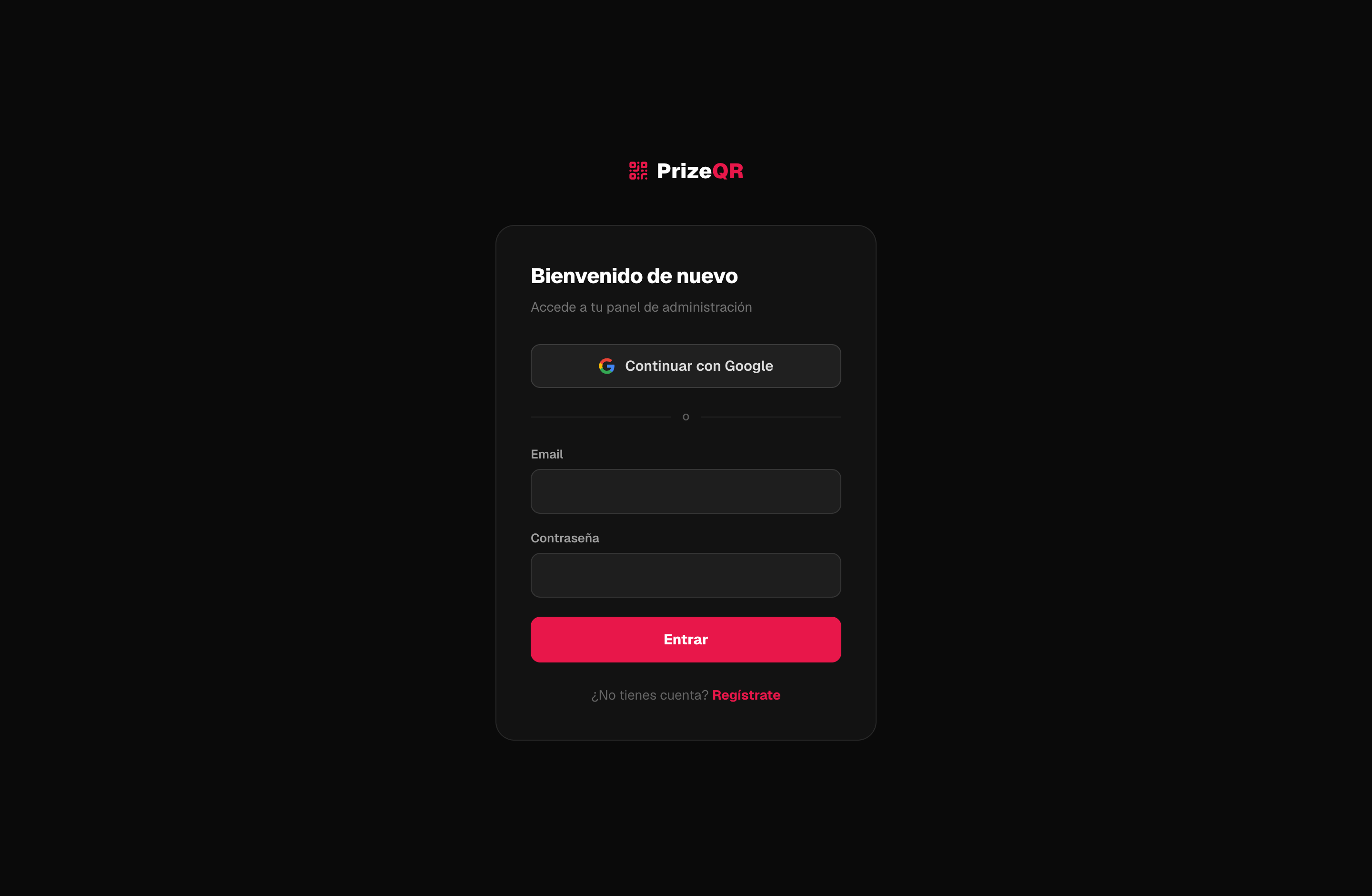 La pantalla de acceso en prizeqr.com.