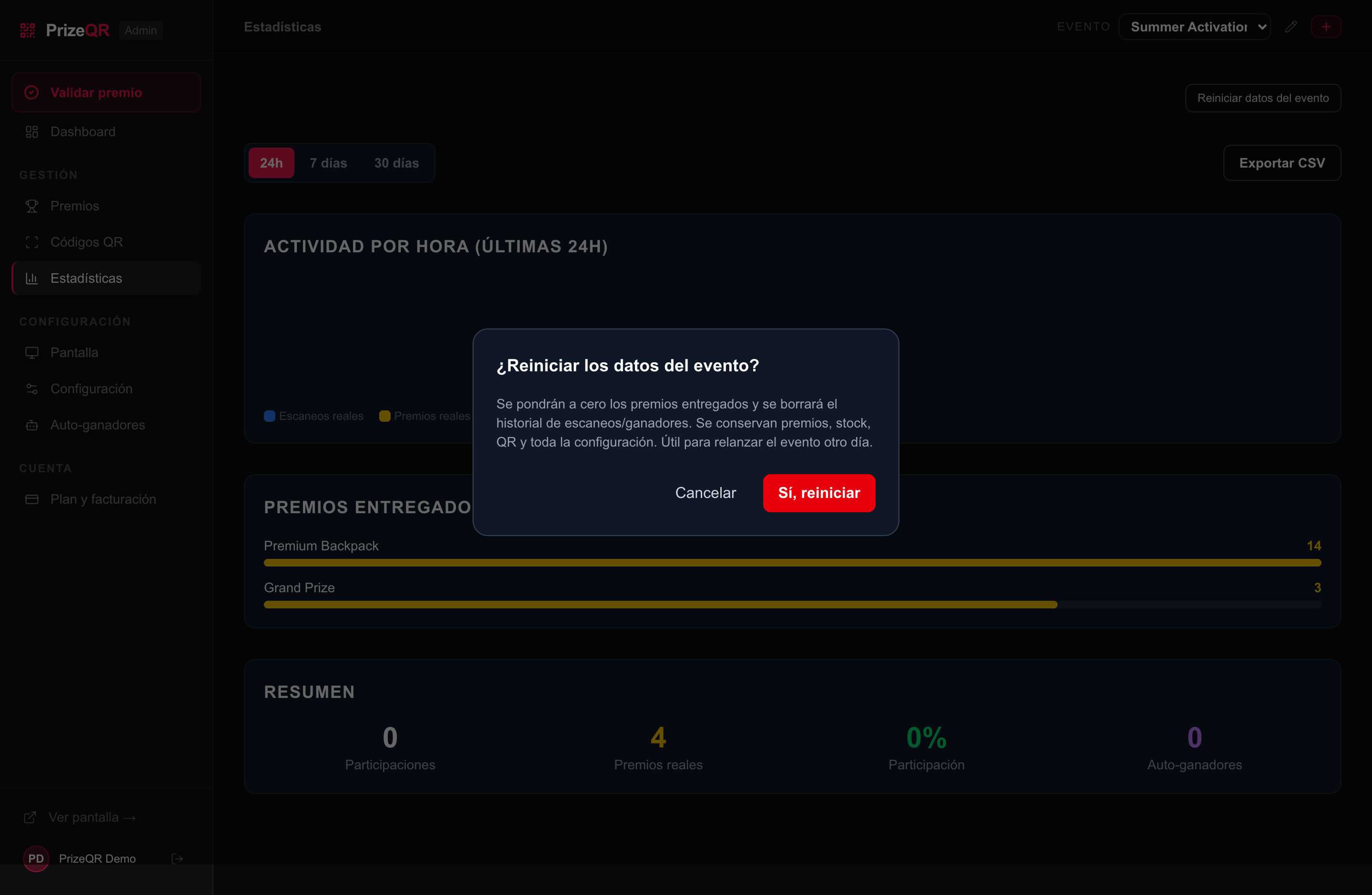 Confirmación de reinicio: se conservan premios, stock, QR y configuración; solo se reinicia el conteo.